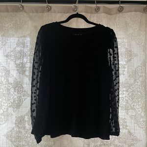 Super comfy black Ann Taylor top with sheer Swiss dot sleeves